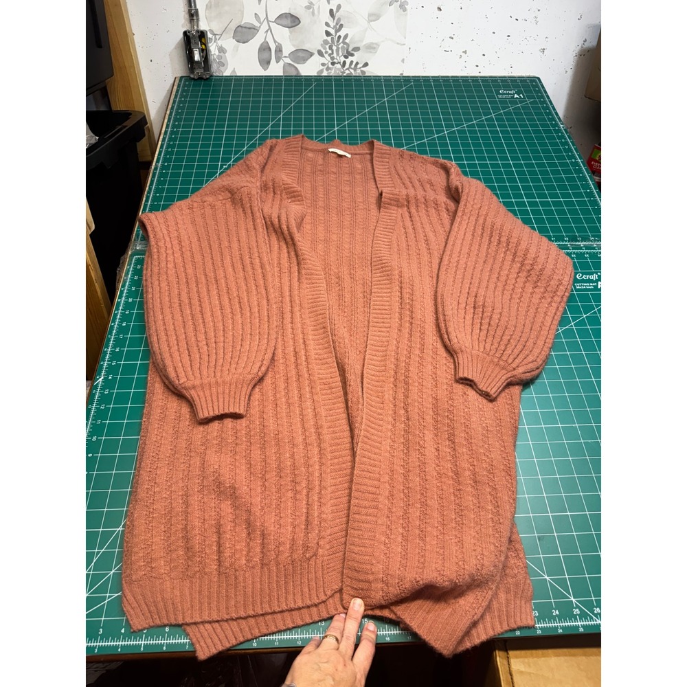Tea N Rose Terracotta Rust Ribbed Knit Longline Balloon Sleeve Cardigan ML